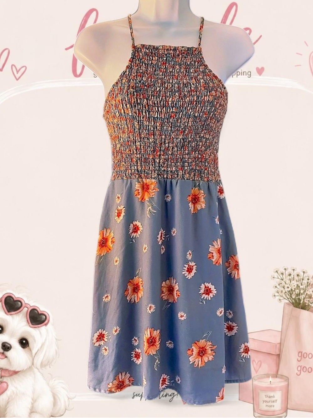 Trixxi Blue Floral Smocked Sundress with Orange Blooms